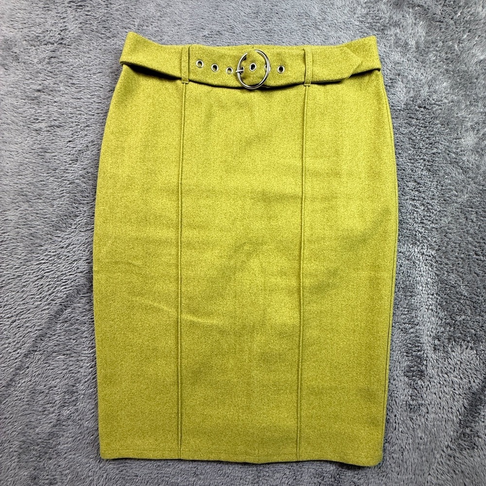Carole Wren Womens M Lime Green Belted Pencil Midi Skirt Knit Pull On